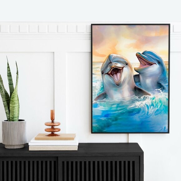 16x20 Happy‎ Dolphins Playing Splashing Watercolor Oil Painting Fantasy Poster - Picture 6 of 6